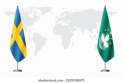 Sweden and Macau flags for official meeting against background of world map.