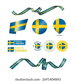 Schweden im Logo gemacht. Set von Design-Fahnen-Label-Symbol, Streifen, Bänder