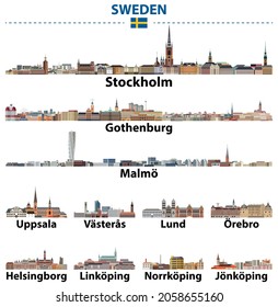 Sweden main cities skylines. Vector collection