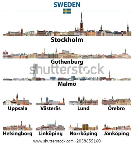 Sweden main cities skylines. Vector collection