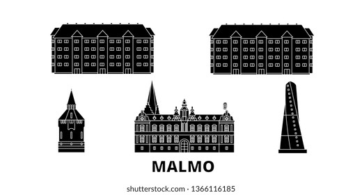 Sweden, Malmo flat travel skyline set. Sweden, Malmo black city vector illustration, symbol, travel sights, landmarks.