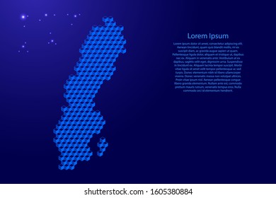 Sweden map from 3D classic blue color cubes isometric abstract concept, square pattern, angular geometric shape, glowing stars. Vector illustration.