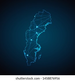 Sweden Map - Abstract geometric mesh polygonal network line, structure and point scales on dark background with lights in the form of cities. Vector illustration eps 10.