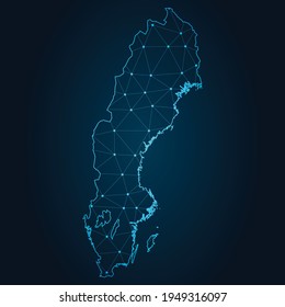 Sweden Map Abstract Maislinie und Punktwaage auf dunklem Hintergrund. Draht-Rahmen 3D-Maschenpolygonale Netzlinie.
