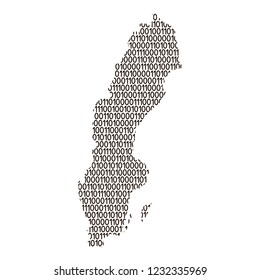 Sweden map abstract schematic from black ones and zeros binary digital code. Vector illustration.