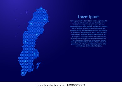 Sweden map abstract schematic from blue triangles repeating pattern geometric background with nodes and space stars for banner, poster, greeting card. Vector illustration.