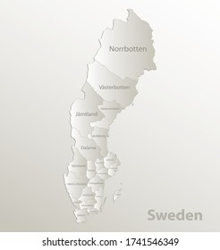 Schweden kartografiert Verwaltungsabteilung verschiedene Regionen und Namen einzelne Grafschaften, Kartenpapier 3D Naturvektor