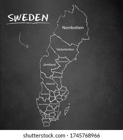 Mapa de Suecia división administrativa separa regiones y nombres de regiones individuales, tarjeta de diseño vectores de pizarra