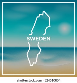 Sweden map against the backdrop of beach and tropical sea with bright sun. EPS10 vector