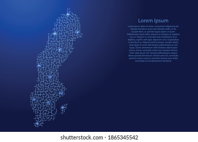 Sweden map from blue pattern of the maze grid and glowing space stars grid. Vector illustration.