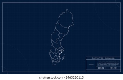 Sweden Map with Blueprint Tech Style Background.