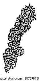 Sweden Map collage of round dots in various sizes. Random small spheres are composed into Sweden Map illustration. Vector geographic map design concept.