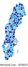 Sweden Map collage of round spots in variable sizes and blue color tints. Random round elements are organized into Sweden Map illustration. Vector cartography blue map vector illustration.