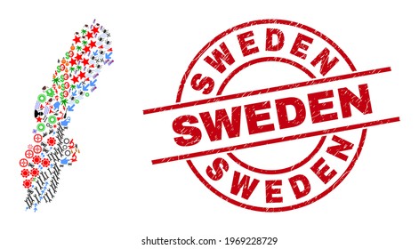 Sweden map collage and textured Sweden red circle stamp seal. Sweden stamp uses vector lines and arcs. Sweden map collage contains gears, houses, screwdrivers, suns, people, and more symbols.