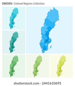 Sweden map collection. Country shape with colored regions. Light Blue, Cyan, Teal, Green, Light Green, Lime color palettes. Border of Sweden with provinces for your infographic. Vector illustration.