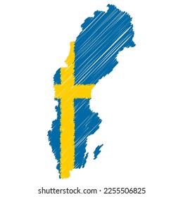 Sweden map color hand drawn sketch. Vector concept illustration flag, scribble map. Country map for infographic, brochures and presentations isolated on white background. Vector illustration.