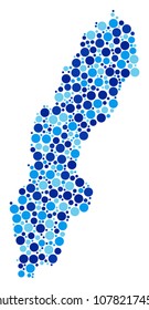 Sweden Map composition of dots in various sizes and blue color hues. Scattered dots are grouped into Sweden Map collage. Vector geographic blue map vector illustration.