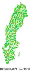 Sweden Map composition of scattered filled circles in various sizes and green color tones. Vector round elements are grouped into sweden map illustration. Eco geographical map design concept.