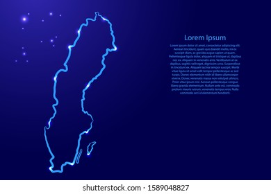 Sweden map from the contour classic blue color brush lines different thickness and glowing stars on dark background. Vector illustration.