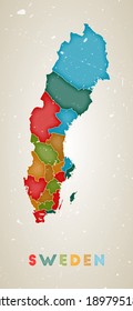 Sweden map. Country poster with colored regions. Old grunge texture. Vector illustration of Sweden with country name.