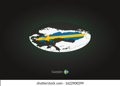 Sweden map in dark color, oval map with neighboring countries. Vector map and flag of Sweden