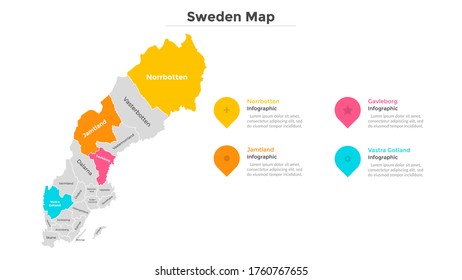 Sweden map divided into federal states. Territory of country with regional borders. Swedish administrative division. Infographic design template. Vector illustration for touristic guide, banner.