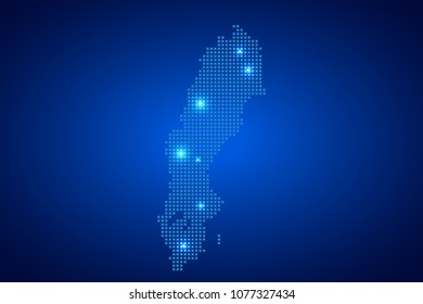 Sweden map with dotted style and glowing points star on blue background, Vector illustration