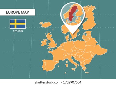 Sweden map in Europe zoom version, icons showing Sweden location and flags.