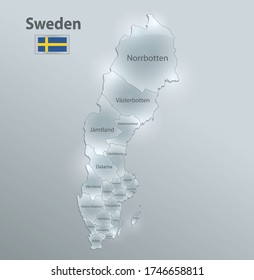 Mapa y bandera de Suecia, división administrativa, separa regiones y nombra regiones individuales, diseño tarjeta de vidrio vector 3D