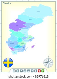 Mapa de Suecia con botones de bandera y asistencia y activa iconos Ilustración original