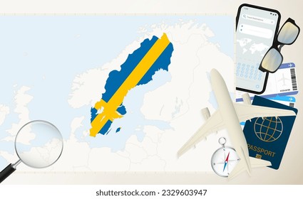 Sweden map and flag, cargo plane on the detailed map of Sweden with flag, passport, magnifying glass and airplane. Vector template.