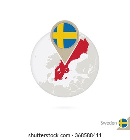 Sweden map and flag in circle. Map of Sweden, Sweden flag pin. Map of Sweden in the style of the globe. Vector Illustration.