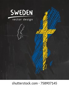 Sweden map with flag inside on the blackboard. Chalk sketch vector illustration