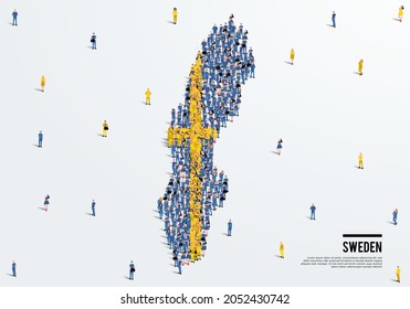 Sweden Map and Flag. A large group of people in the Swedish flag color form to create the map. Vector Illustration.
