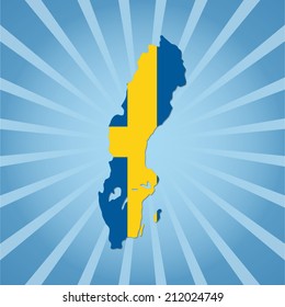 Sweden map flag on blue sunburst illustration