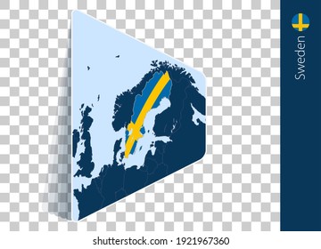 Schweden Karte und Flagge auf transparentem Hintergrund. Schweden auf der blauen Vektorkarte hervorgehoben.
