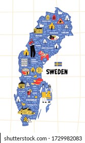 Sweden map flat hand drawn vector illustration flag. Names lettering and cartoon landmarks, tourist attractions cliparts. Stockholm  travel, trip comic infographic poster, banner concept design