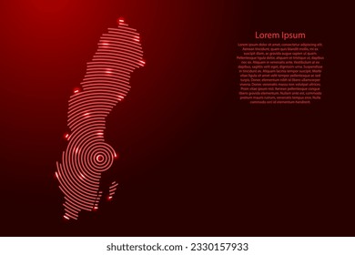 Sweden map from futuristic concentric red circles and glowing stars for banner, poster, greeting card