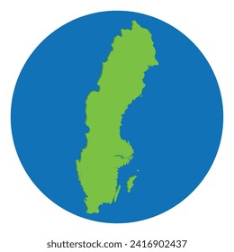 Sweden map. Map of Sweden green color in globe design with blue circle color.