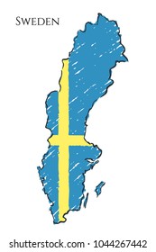 Sweden map hand drawn sketch. Vector flag, children's drawing.