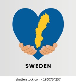 Sweden Map in heart shape hold by hands vector illustration design