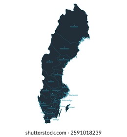 Sweden map high detailed with administrative divide by state, capital cities names, outline simplicity style. Vector illustration EPS10.