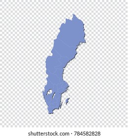 Sweden map - High detailed blue map of Sweden. Sweden map isolated on transparent background.