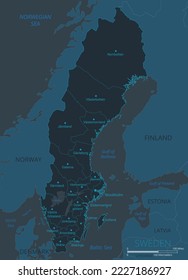 Sweden map. High detailed map of Sweden with countries, borders, cities, water objects. Vector illustration eps10.