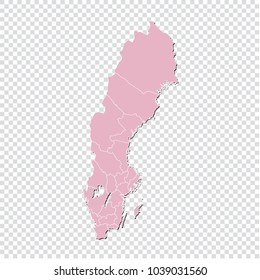 Sweden map - High detailed pastel color map of Sweden. Sweden map isolated on transparent background. Vector illustration eps 10.