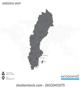 Sweden map high detailed with regions and cities of the country on white background. Vector illustration EPS10.