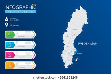 Sweden map with location pointer marks. High detailed country map with division, cities and capital infographic template. Vector illustration EPS10