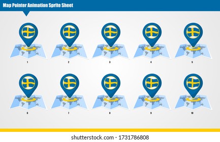 Marcador de mapa de Suecia con la bandera animada Hoja de cálculo. Animación suave ondeando objetos sobre fondo blanco.