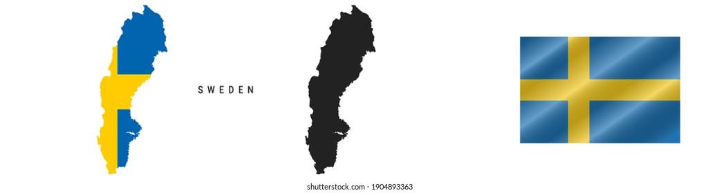 Sweden. Map with masked flag. Detailed silhouette. Waving flag. Vector illustration isolated on white.