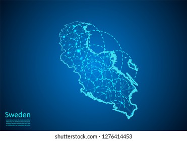 sweden map with nodes linked by lines. concept of global communication and business. Dark sweden map created from white dots with travel locations or internet connection.